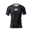 Men’s Ash BJJ Rash Guard – black short sleeve rash guard with white Rubber Bones logo on chest and gray marble side panels, front view on plain background.