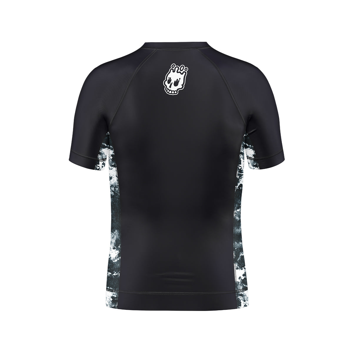 Back view of the Kids Ash BJJ Rash Guard showing black design with white skull Rubber Bones logo near neckline and white marble-style side panels.