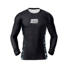 Men’s Long Sleeve Ash BJJ Rash Guard – black rash guard with white Rubber Bones logo on chest and gray marble side panels, front view on plain background.