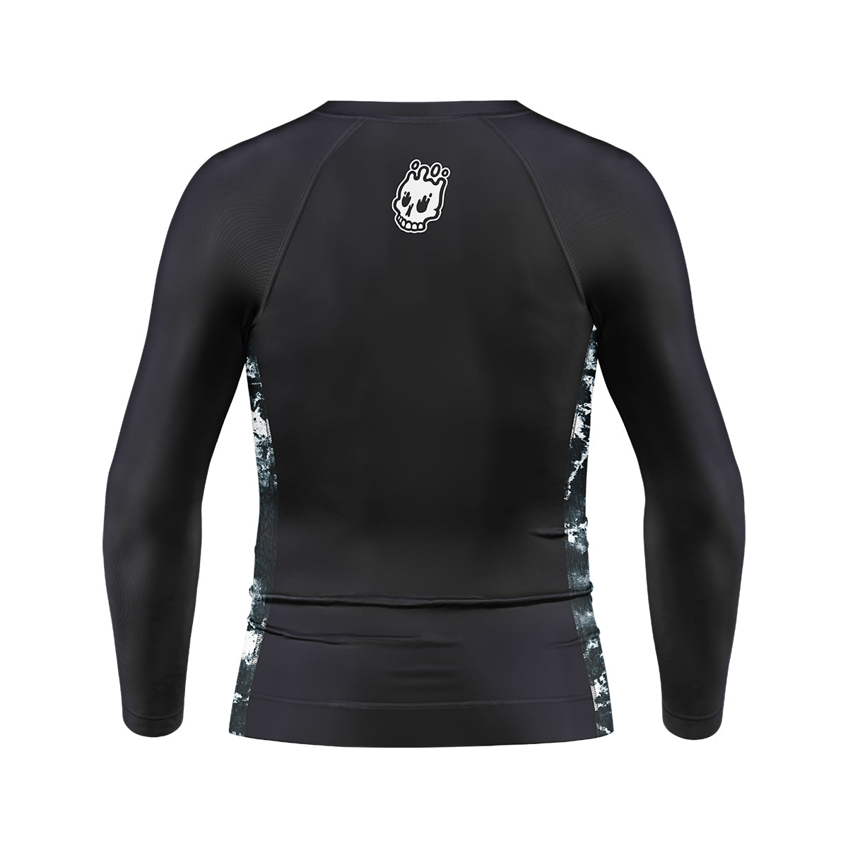 Back view of the Kids Long Sleeve Ash BJJ Rash Guard showing black design with white melting skull Rubber Bones logo near neckline and marble side accents.