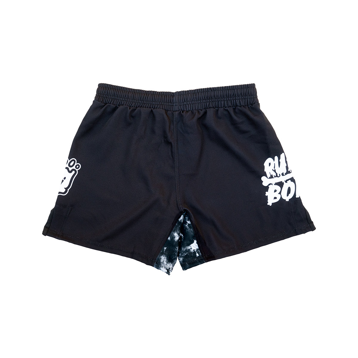 Back view of Rubber Bones Ash BJJ shorts featuring black fabric with white Rubber Bones logo and tie-dye detail under the leg split.