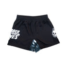 Front view of Rubber Bones Ash BJJ shorts in black with white skull and logo graphics and a subtle tie-dye inset detail.