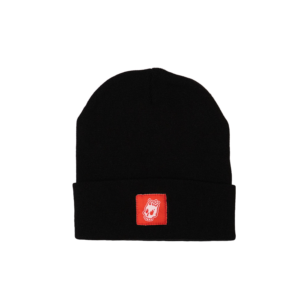Black cuff beanie with white Rubber Bones Icon logo on a red patch.