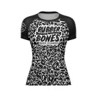 Mock-up of Women's Black Ranked Rash Guard featuring sleek design with skull web pattern and IBJJF-approved style.