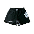 Mock-up of Competition Grappling Shorts, black and white IBJJF-approved shorts, front view.