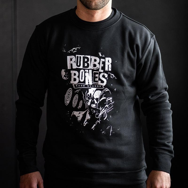 On-body shot of the Cosmic Truth Crew Neck Sweater showcasing bold cosmic-inspired artwork, front view.
