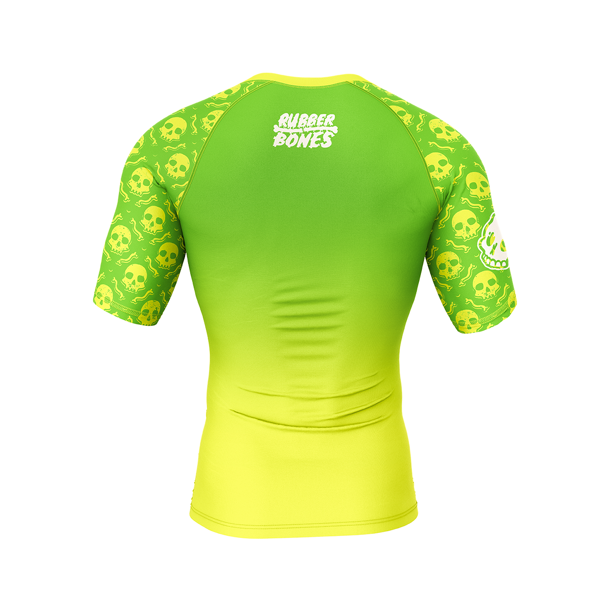 Back flat lay of the Poison Apple men’s no gi grappling rash guard from the Deadly Harvest Collection with green skull pattern sleeves.
