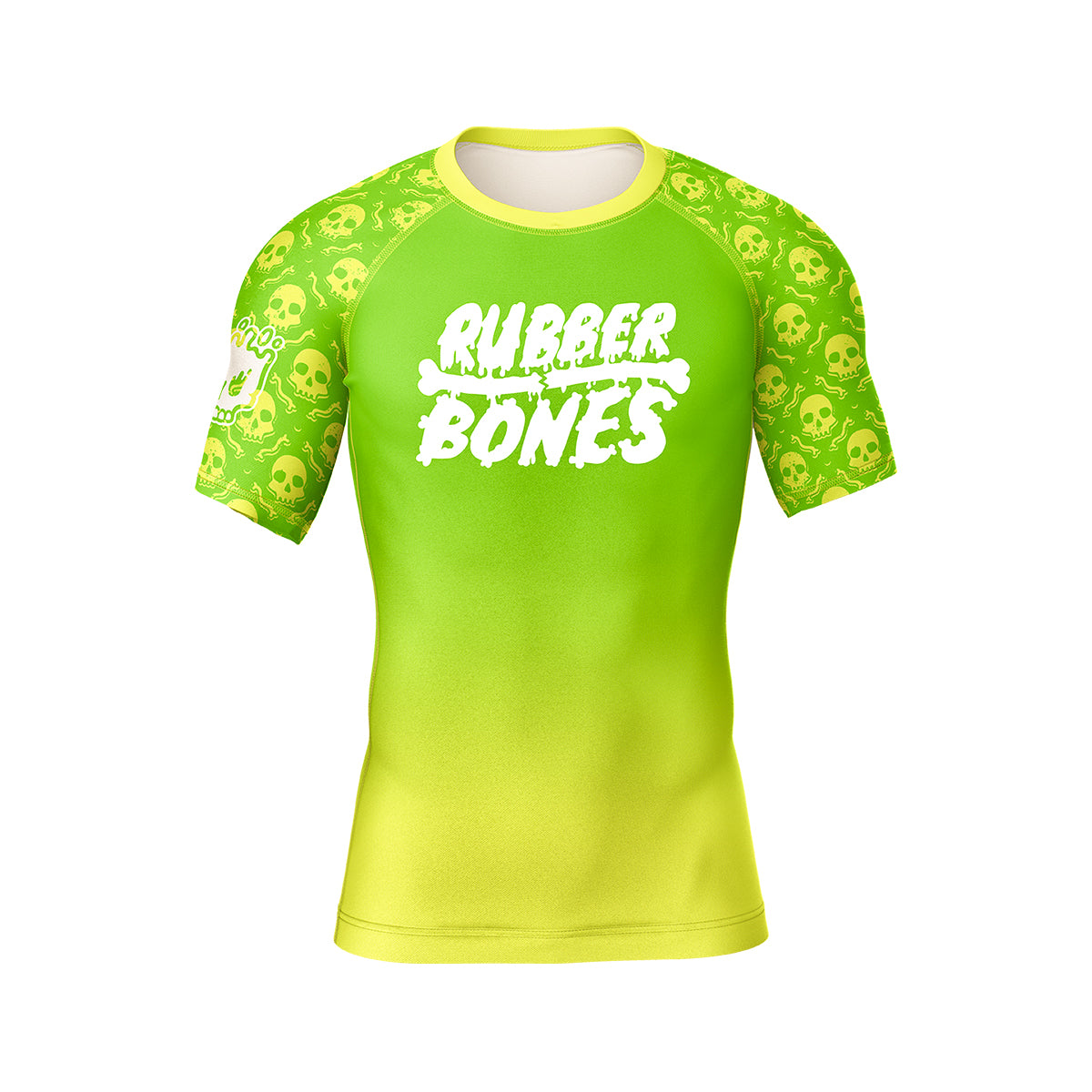 Front flat lay of the Rubber Bones Poison Apple men’s short sleeve BJJ rash guard featuring green gradient body and skull print sleeves.
