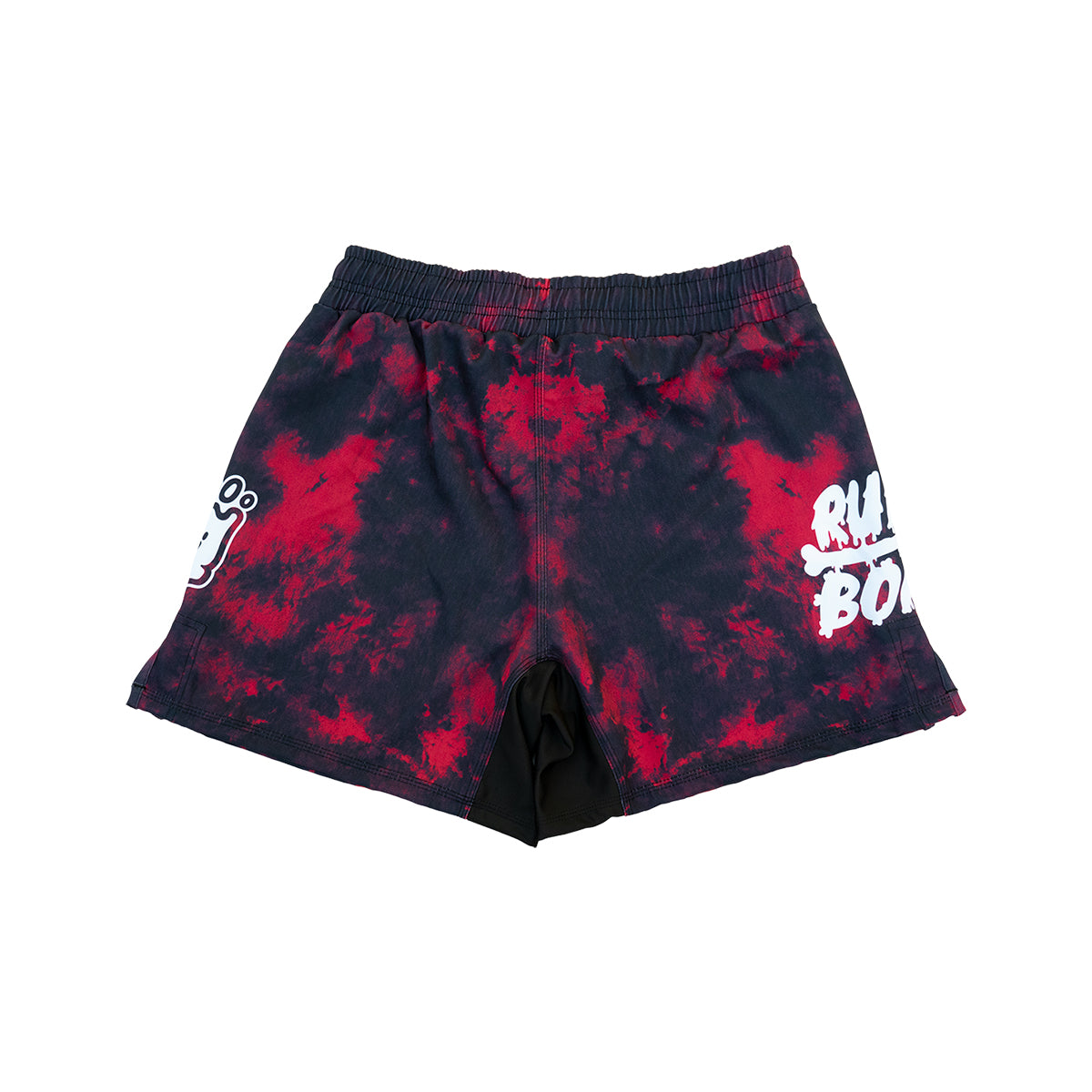 Back view of Rubber Bones Ember BJJ shorts featuring black and red tie-dye design with white Rubber Bones logo on the right leg.