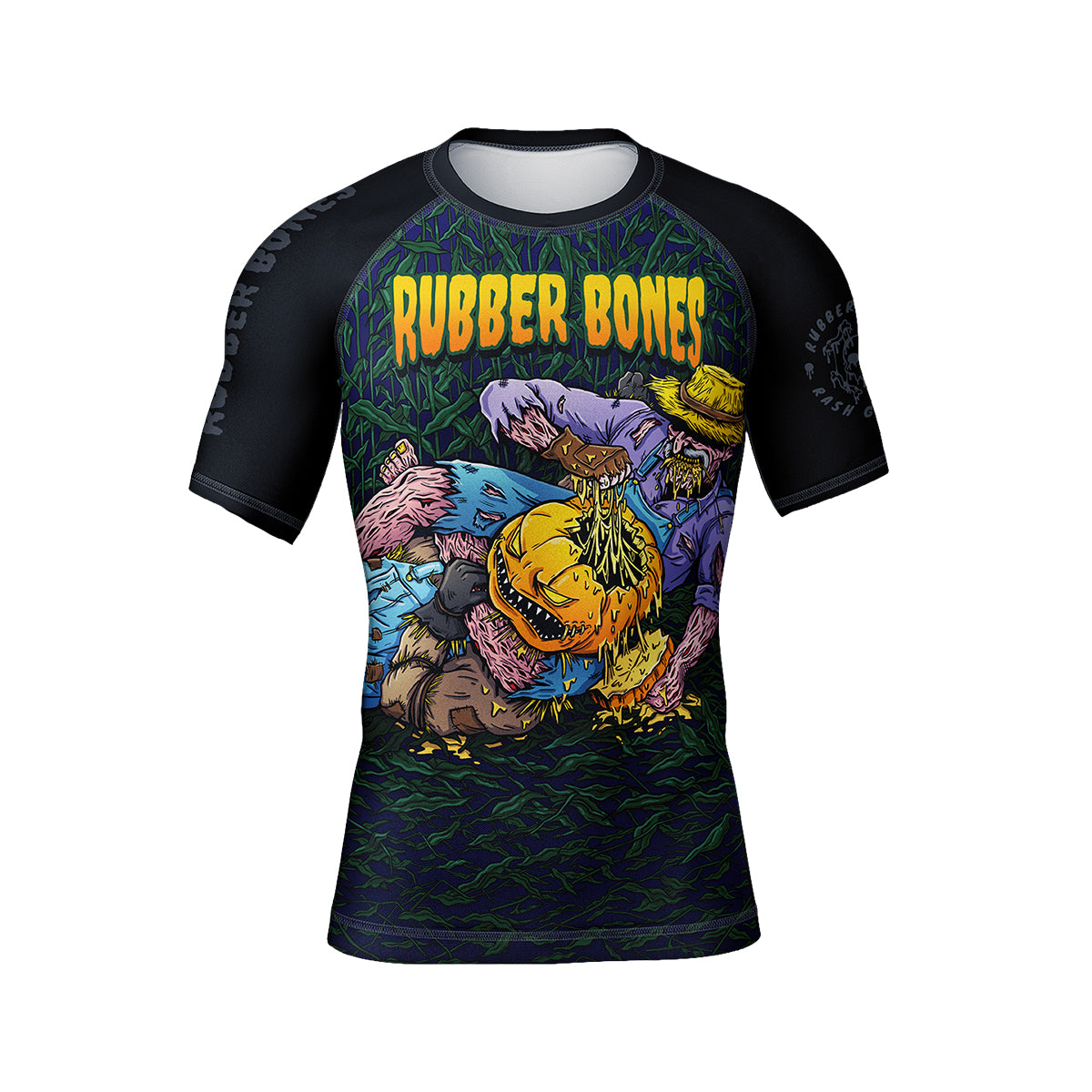 Mock-up of Pumpkin Pie Halloween Rash Guard featuring zombie farmer triangle-choking pumpkin-headed scarecrow, front view.