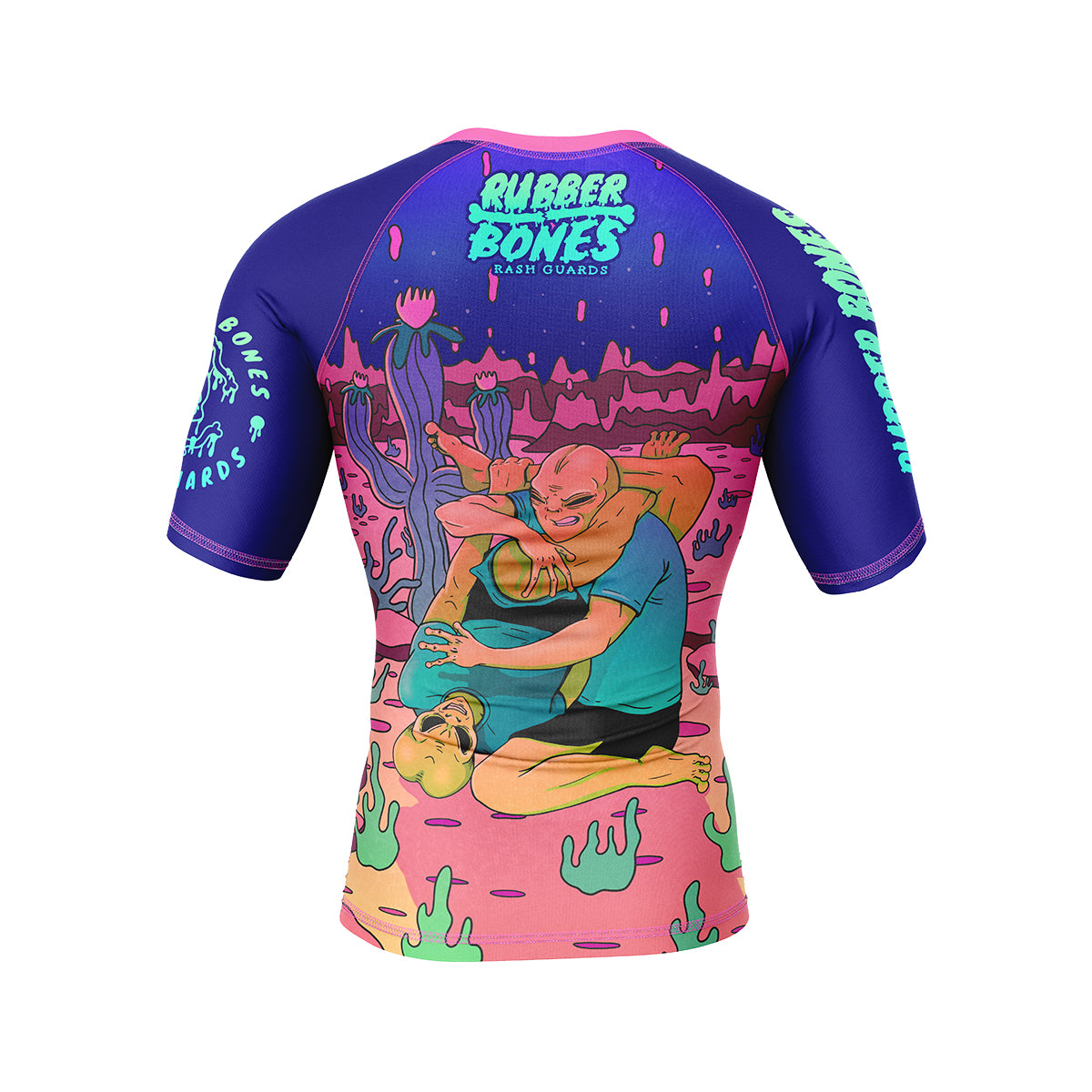 surreal alien invasion-themed rash guard featuring grapplers training in an alien-infested, psychedelic landscape. Bold pink, blue, and green hues create a dreamlike aesthetic.