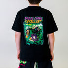 Kids Buggy Choke T-Shirt, back view, showcasing Buggy Choke Repellent artwork in green, orange, and purple on a black shirt.