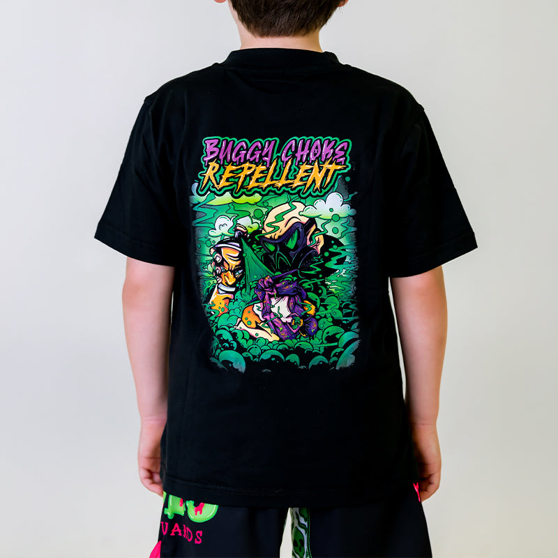 Kids Buggy Choke T-Shirt, back view, showcasing Buggy Choke Repellent artwork in green, orange, and purple on a black shirt.