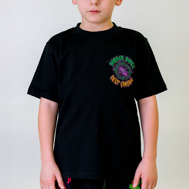 Kids Buggy Choke T-Shirt, front view, featuring a black shirt with green, orange, and purple Buggy Choke Pest Control graphic on the left chest.