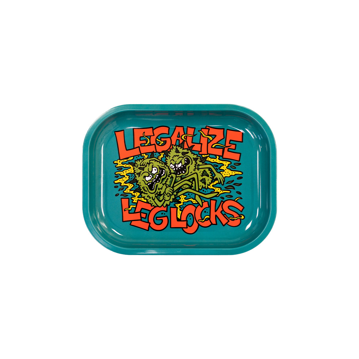 Metal rolling tray featuring bright “Legalize Leg Locks” artwork by Joe Tamponi. Two illustrated weed nuggets in a grappling pose on a teal green background.