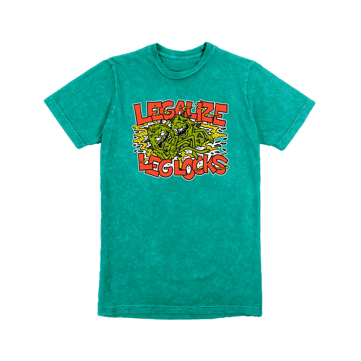 Teal Green mineral washed t-shirt with “Legalize Leglocks” graphic and two illustrated monsters across the chest.