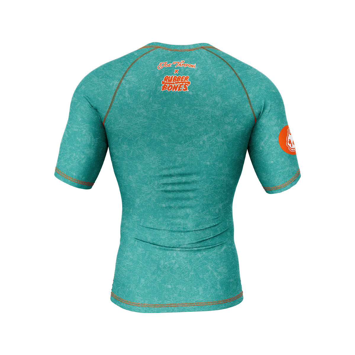 Back view of teal green short-sleeve rash guard with orange stitching and Joe Tamponi x Rubber Bones logo at the top.