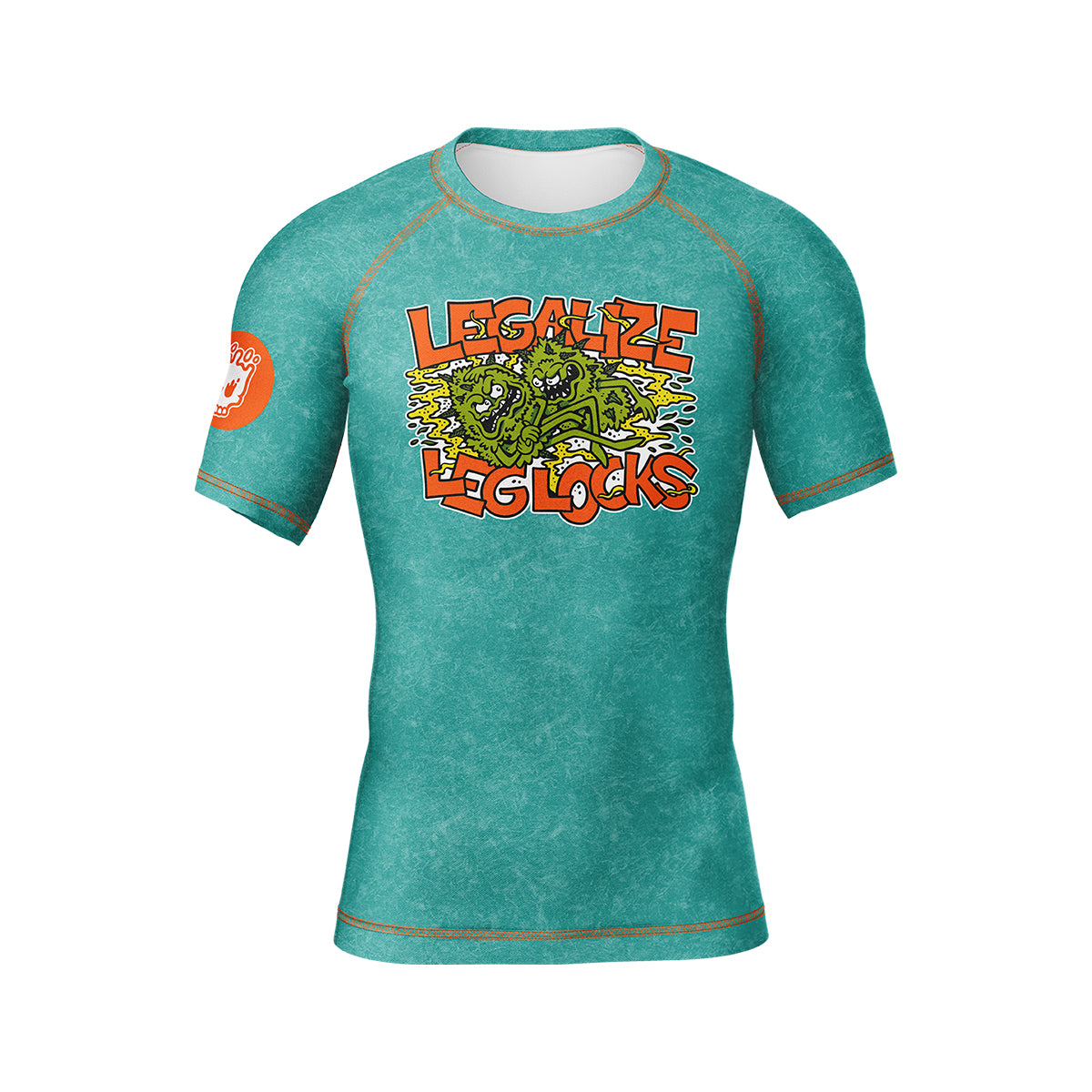 Teal green rash guard with “Legalize Leglocks” graphic and Joe Tamponi monster illustration on front, orange patch on sleeve.