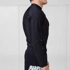 Side view of the Men’s Long Sleeve Ash BJJ Rash Guard highlighting slim athletic fit and marble-patterned panels.