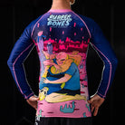 On-body back view of Invasion Long Sleeve Rash Guard highlighting alien-inspired artwork.