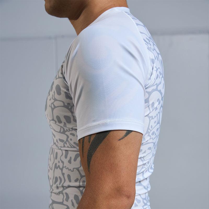 On-body sleeve view of Ranked Rash Guard - White with blank white design.