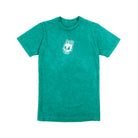 Front view of a teal mineral wash t-shirt with a white dripping skull logo on the chest.