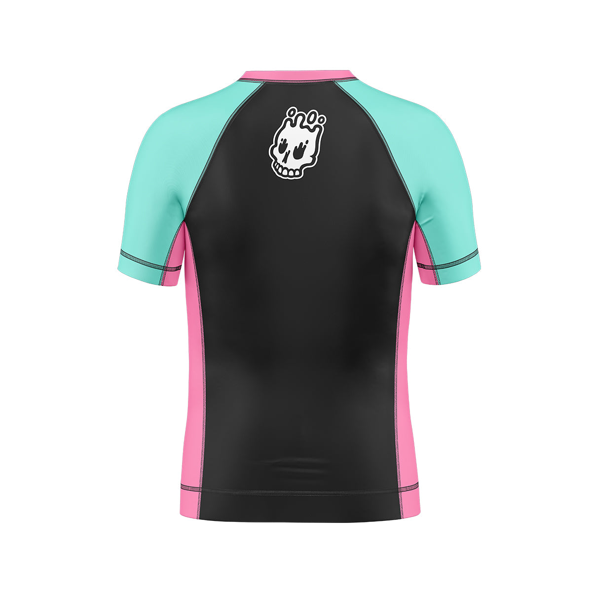 Youth-sized short-sleeve rash guard with black back panel, teal sleeves, and pink side seams. A Rubber Bones white skull logo is centered at the upper back.