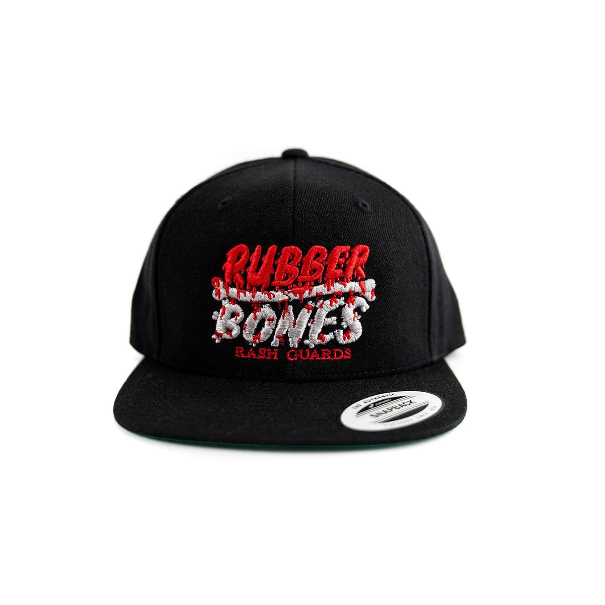 Black snapback hat with red and white embroidered Rubber Bones Rash Guards logo – front view