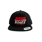 Black snapback hat with red and white embroidered Rubber Bones Rash Guards logo – front view