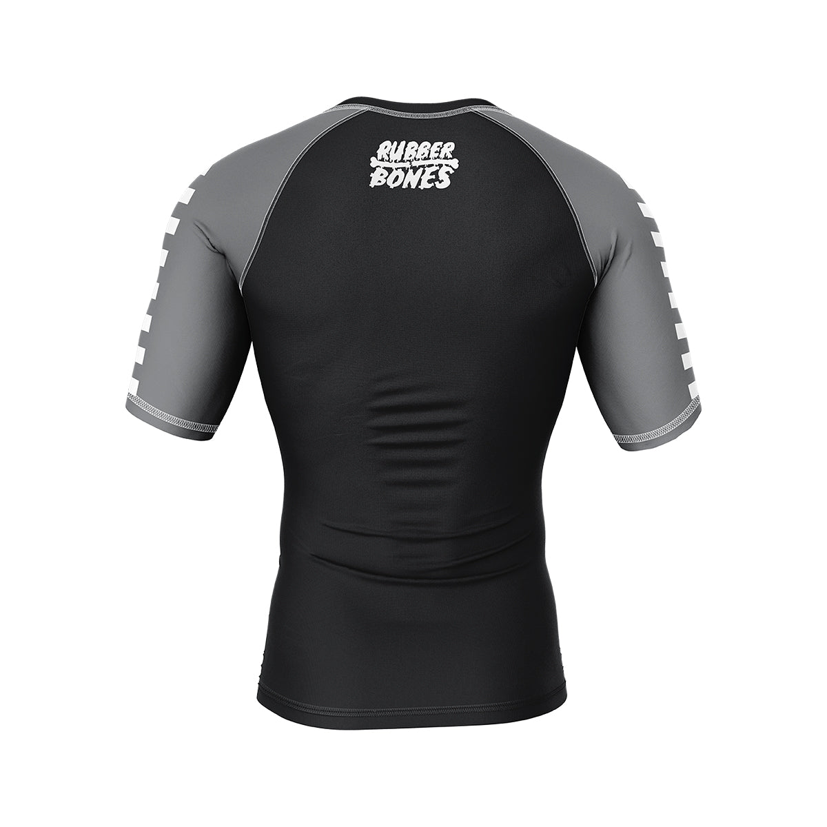 Shadow Ranger BJJ Rash Guard (Back View) – Short-sleeve BJJ rash guard with a black body, grey raglan sleeves, and a white "Rubber Bones" logo on the upper back.