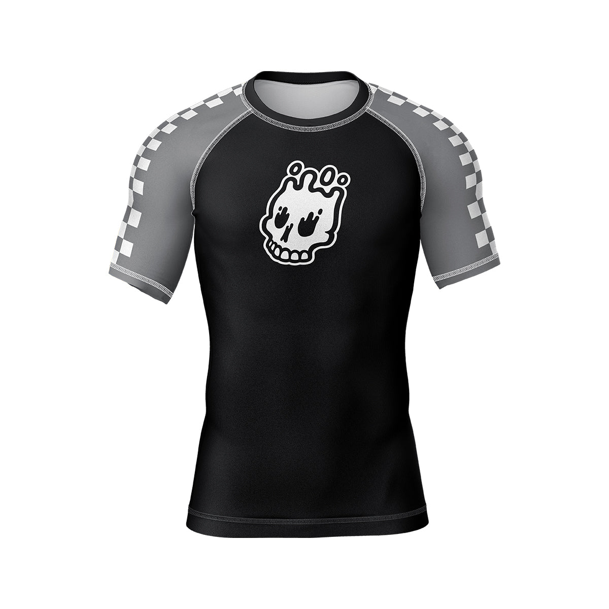 Shadow Ranger BJJ Rash Guard (Front View) – Short-sleeve BJJ rash guard with a black torso, grey raglan sleeves featuring a white checkerboard pattern, and a white skull logo on the chest.