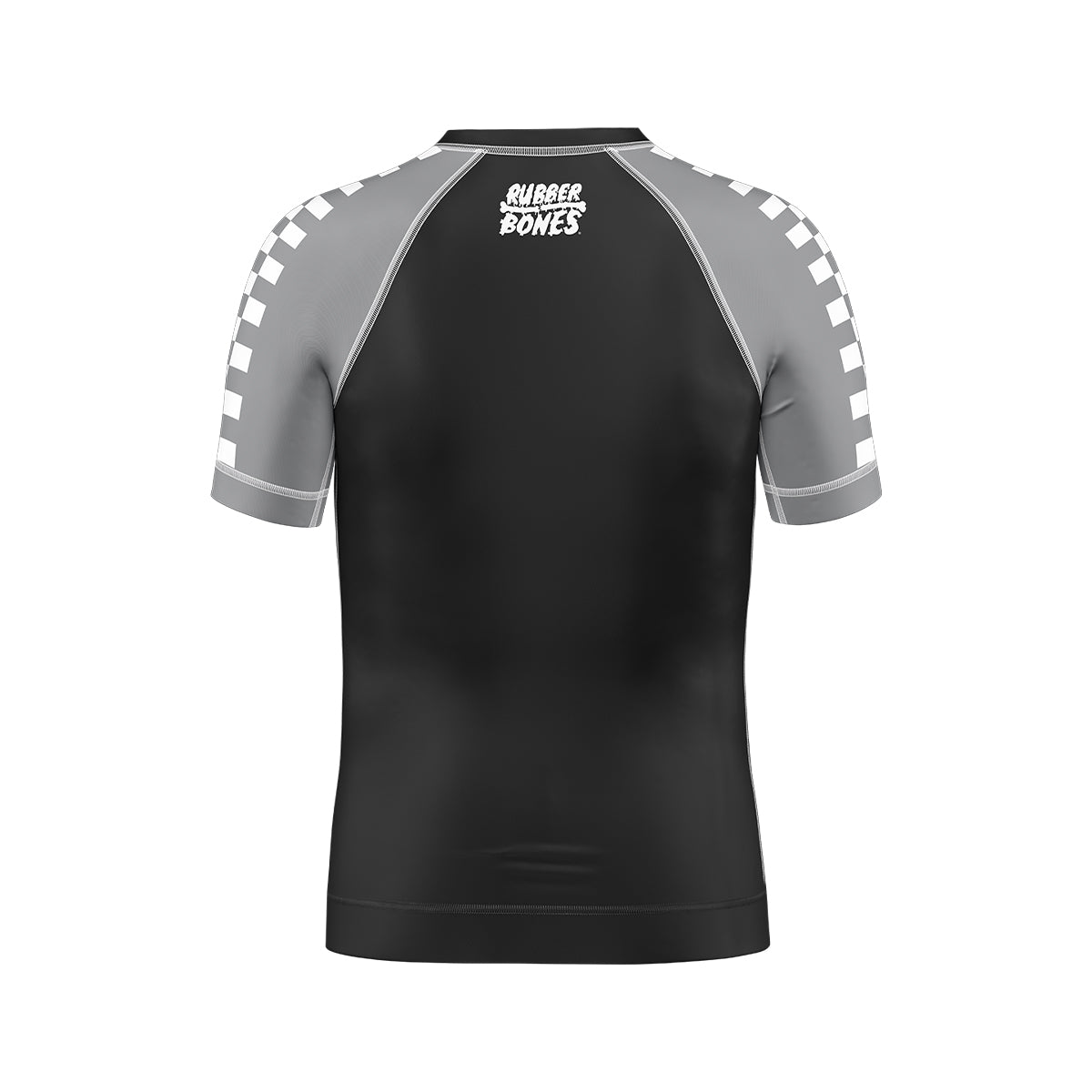 Shadow Ranger Kids BJJ Rash Guard (Back View) – Short-sleeve kids’ BJJ rash guard with a black torso, gray raglan sleeves with a white checkerboard pattern, and a white "Rubber Bones" logo on the upper back.