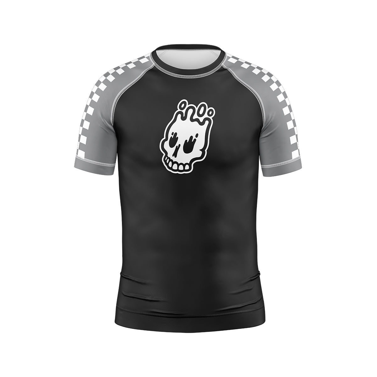 Shadow Ranger Kids BJJ Rash Guard (Front View) – Short-sleeve kids’ BJJ rash guard with a black body, gray raglan sleeves featuring a white checkerboard pattern, and a white skull logo on the chest.