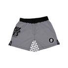 Shadow Ranger BJJ Shorts (Flat Lay, Front View) – Grey BJJ shorts with a black waistband, black side slits, a white checkerboard accent on the inner leg, and a Rubber Bones logo patch on the left leg.
