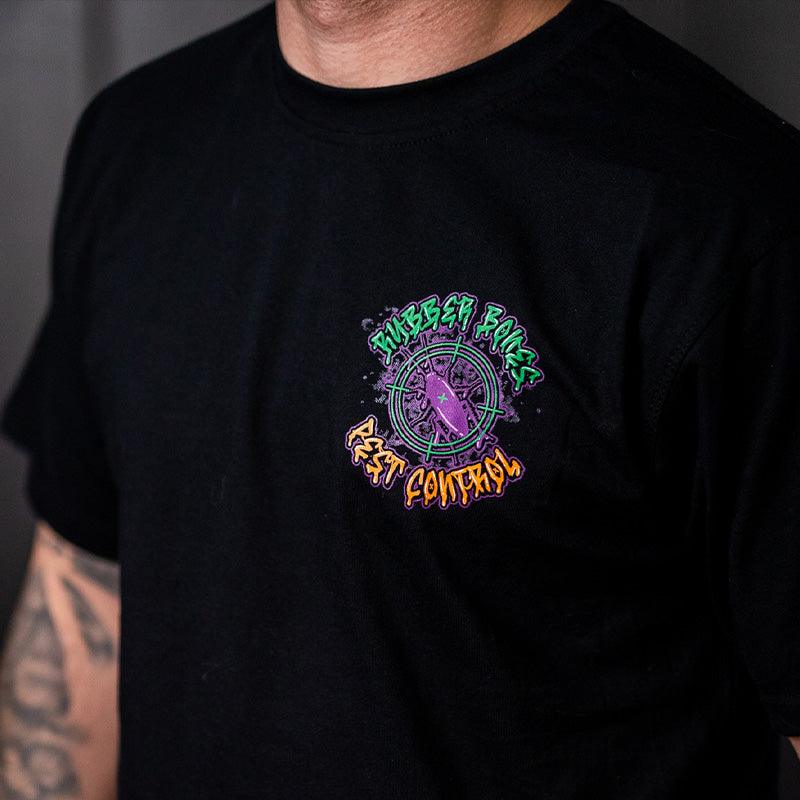 On-body close-up of the Buggy Choke Repellent T-Shirt's left chest graphic with bold graffiti-inspired artwork.