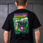 On-body shot of the Buggy Choke Repellent T-Shirt featuring graffiti-inspired design, back view.