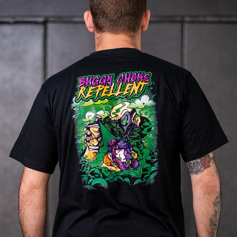 On-body shot of the Buggy Choke Repellent T-Shirt featuring graffiti-inspired design, back view.