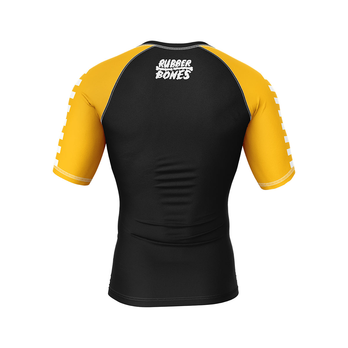 Volt Ranger BJJ Rash Guard (Back View) – Short-sleeve BJJ rash guard with a black body, yellow raglan sleeves, and a white "Rubber Bones" logo on the upper back.
