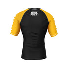 Volt Ranger BJJ Rash Guard (Back View) – Short-sleeve BJJ rash guard with a black body, yellow raglan sleeves, and a white "Rubber Bones" logo on the upper back.