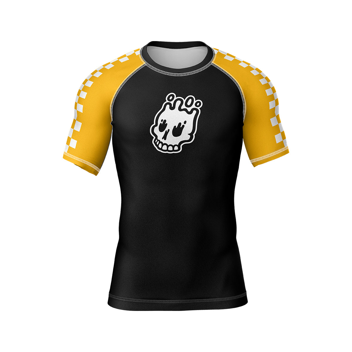Volt Ranger BJJ Rash Guard (Front View) – Short-sleeve BJJ rash guard with a black torso, yellow raglan sleeves featuring a white checkerboard pattern, and a white skull logo on the chest.