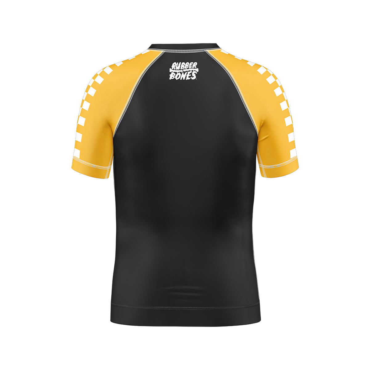Volt Ranger Kids BJJ Rash Guard (Back View) – Short-sleeve kids’ BJJ rash guard with a black torso, yellow raglan sleeves with a white checkerboard pattern, and a white "Rubber Bones" logo on the upper back.