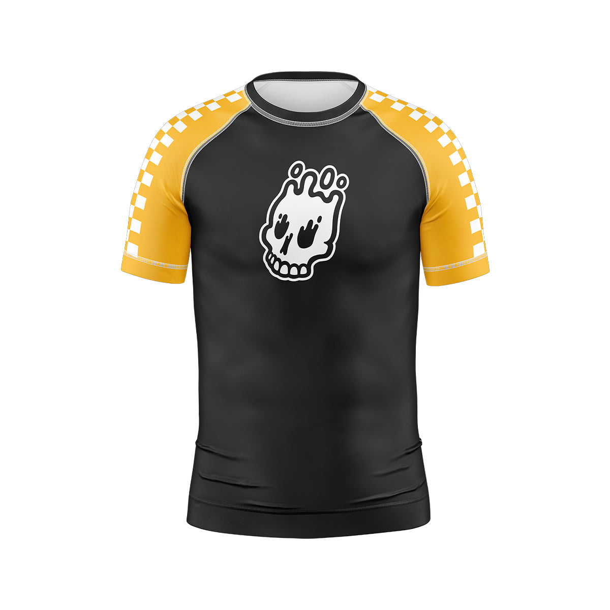 Volt Ranger Kids BJJ Rash Guard (Front View) – Short-sleeve kids’ BJJ rash guard with a black body, yellow raglan sleeves featuring a white checkerboard pattern, and a white skull logo on the chest.