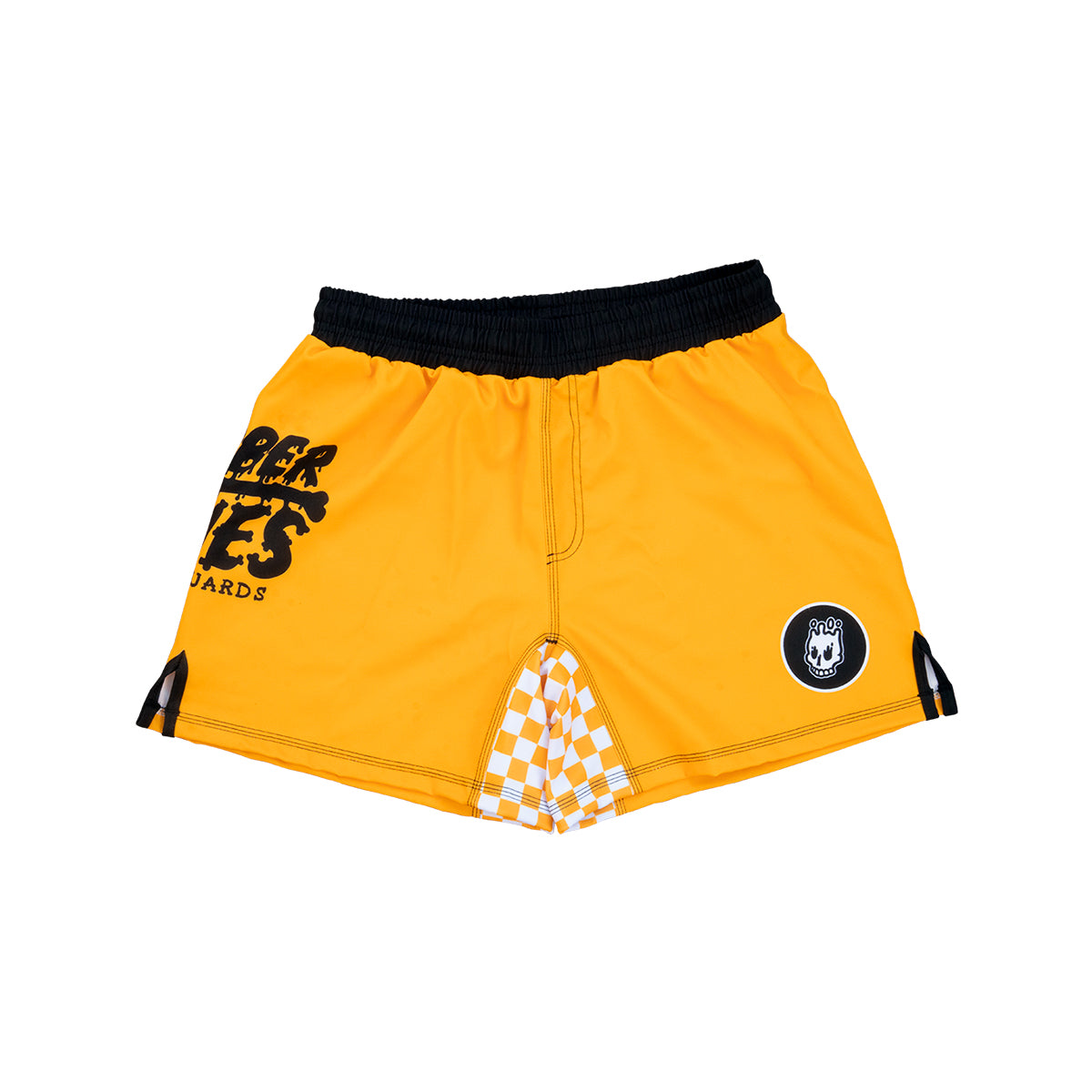 Volt Ranger BJJ Shorts (Flat Lay, Front View) – Yellow BJJ shorts with a black waistband, black side slits, a white checkerboard accent on the inner leg, and a Rubber Bones logo patch on the left leg.