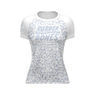 Mock-up of Women's White Ranked Rash Guard featuring sleek white design with skull web pattern.