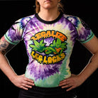 On-body front view of Women's Legalize Leg Locks Short Sleeve Rash Guard highlighting the fit and tie-dye design.