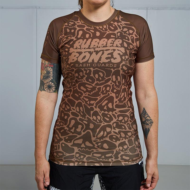 On-body front view of Women's Brown Ranked Rash Guard, highlighting the fit and design.