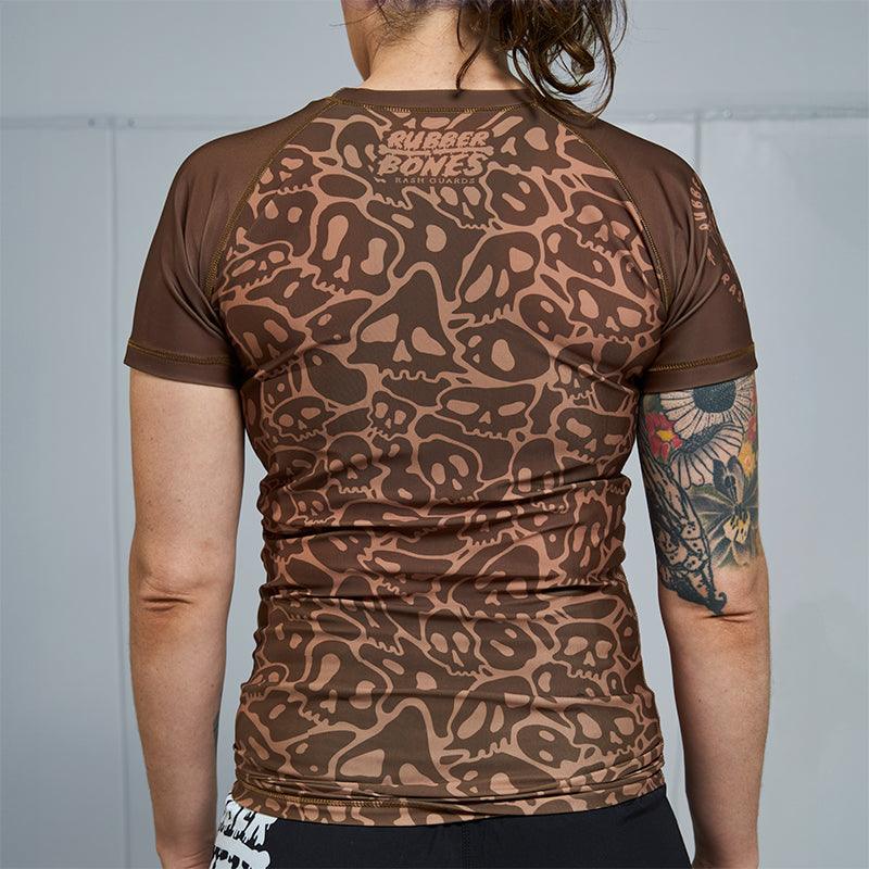 On-body back view of Women's Brown Ranked Rash Guard, showing the design and fit.