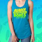 On-body front view of Women's Halftone Racerback Tank Top showcasing the teal blue color and yellow/green halftone Rubber Bones logo.