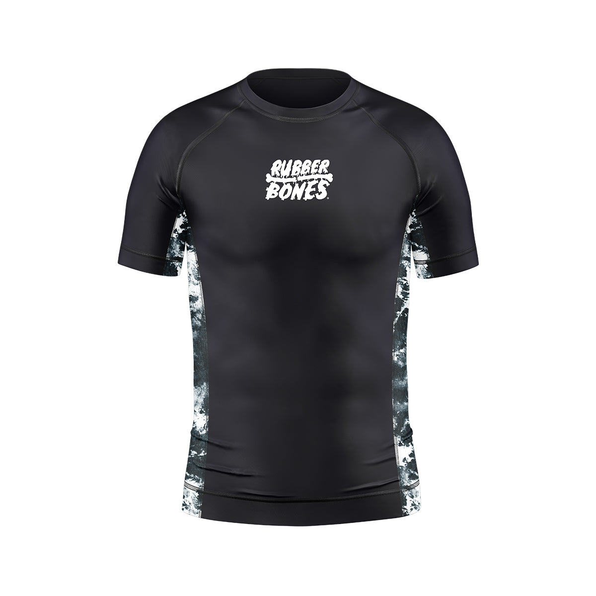 Kids Ash BJJ Rash Guard – black and white short sleeve rash guard with white Rubber Bones logo on chest, front view on plain background.