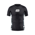 Kids Ash BJJ Rash Guard – black and white short sleeve rash guard with white Rubber Bones logo on chest, front view on plain background.